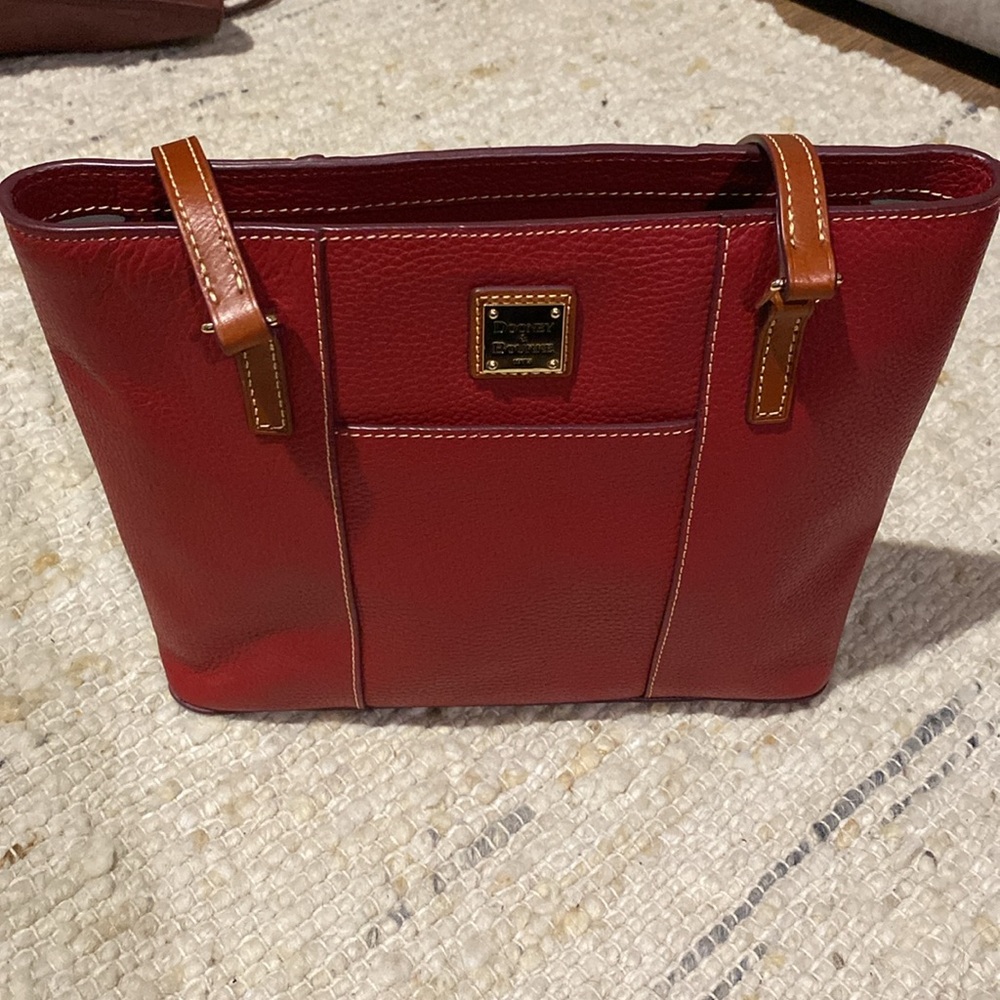 Dooney & Bourke Red Leather Tote with Tan Trim